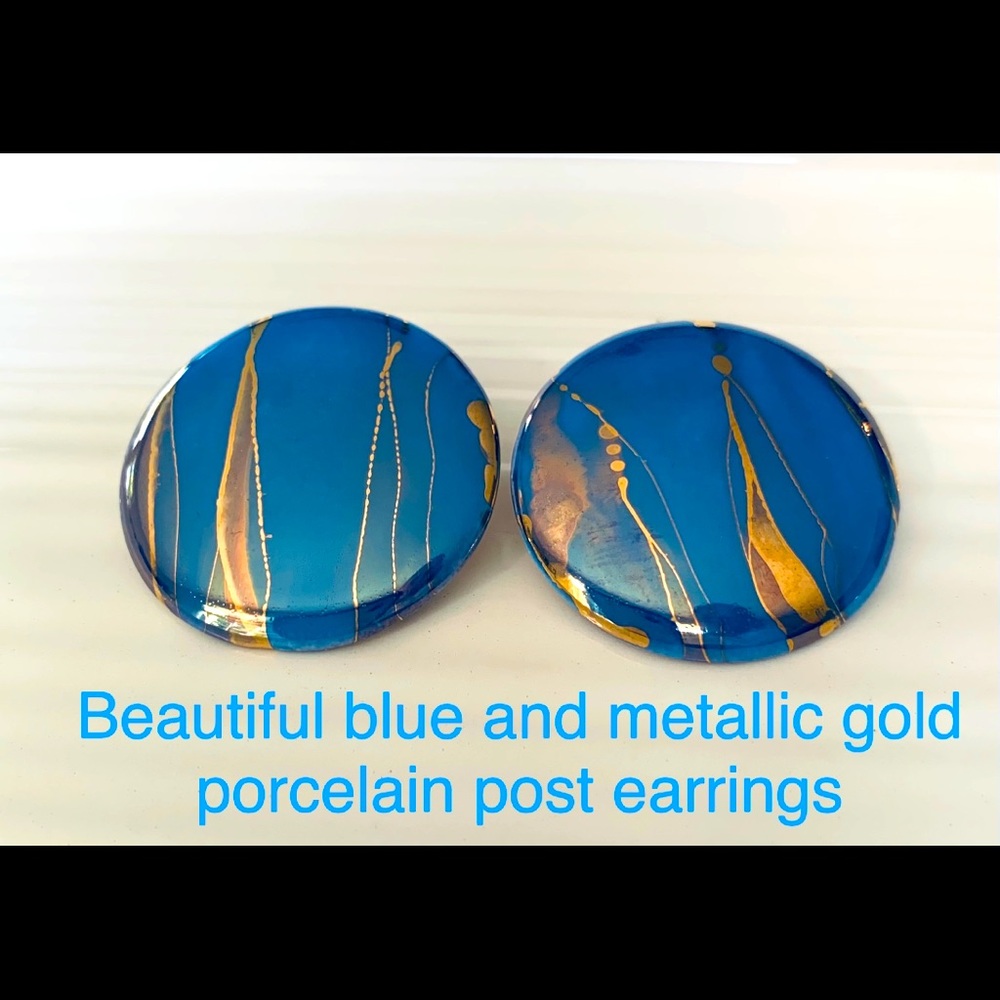 Beautiful handcrafted porcelain post earrings gorgeous blue & metallic gold